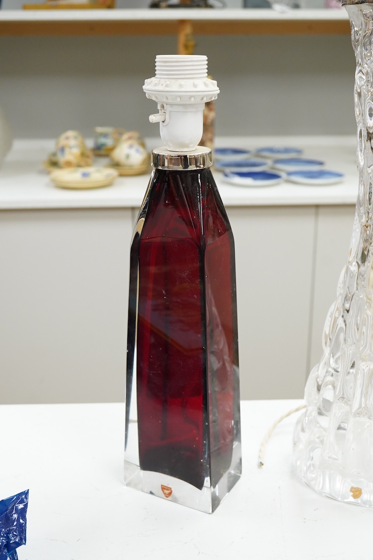 Two mid-century Orrefors glass table lamp bases, largest 49cm high including the fitting